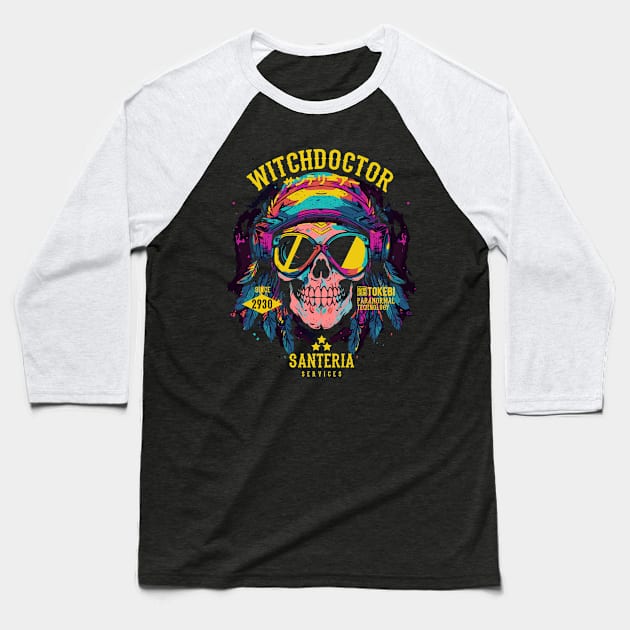 Witch Doctor Skull Baseball T-Shirt by TOKEBI